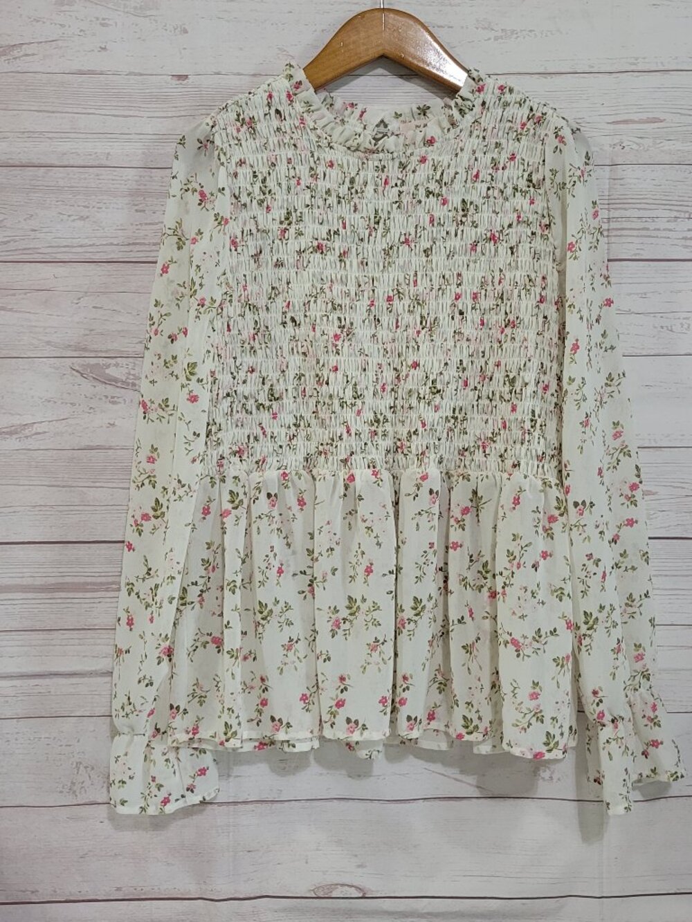 Miami Peasant Top Womens XL Ivory Floral Smocking Sheer Milkmaid Coquette Dainty